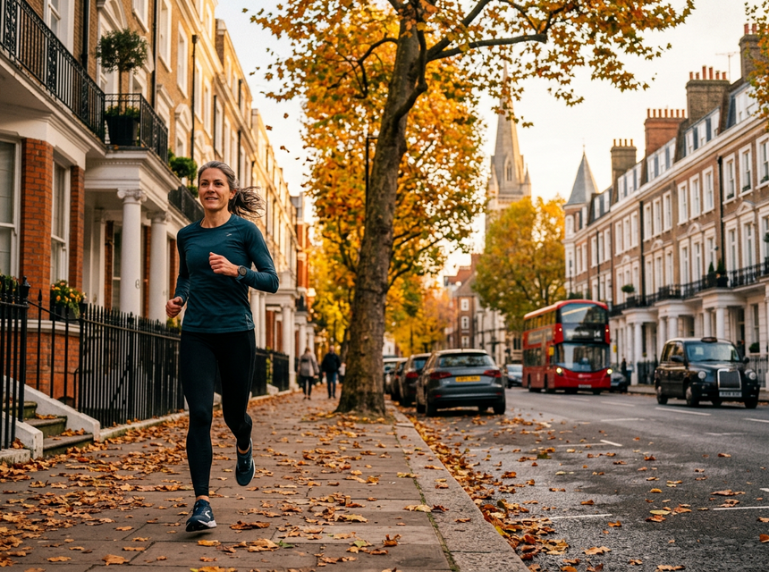 AI generated image of a female athlete type running in autumn in London city setting
