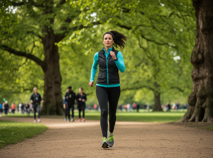 AI generated image of a mature woman power walking in a park like setting for health