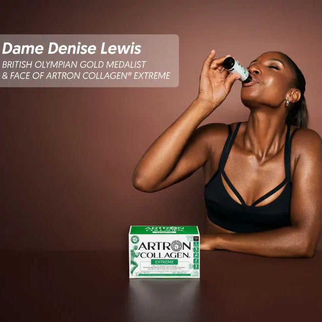 An image featuring Dame Denise Lewis, a British Olympic gold medalist, holding a container of ARTRON COLLAGEN EXTREME. She is wearing a black sports bra and the background is neutral.