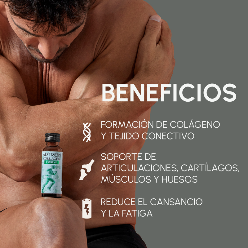 Man holding a supplement bottle with text about its benefits on a gray background