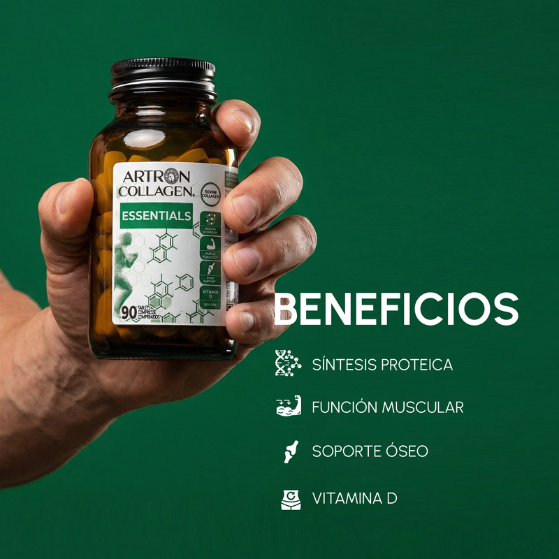 Hand holding a bottle of Artron Collagen Essentials with benefits listed on a green background