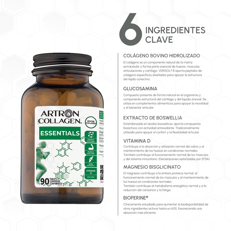 Bottle of Artron Collagen Essentials with key ingredients listed on a white background