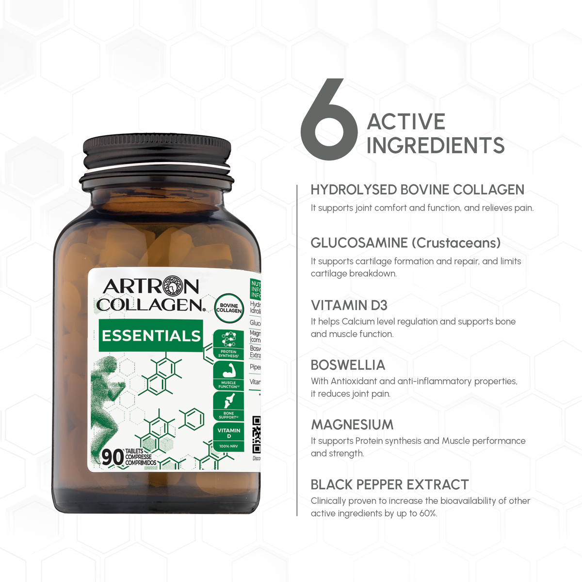 Bottle of Artron Collagen Essentials with a list of active ingredients on a white background