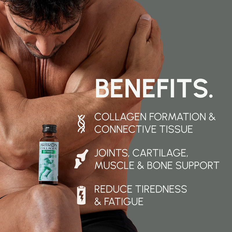 Man holding a bottle with text about collagen benefits on a gray background