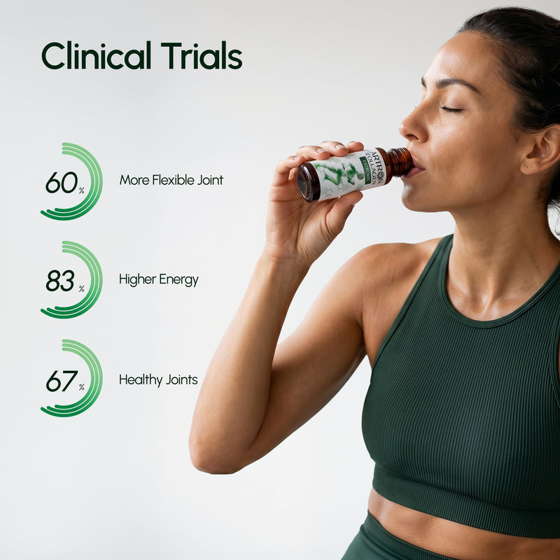 Woman drinking from a bottle with clinical trial benefits displayed on a white background