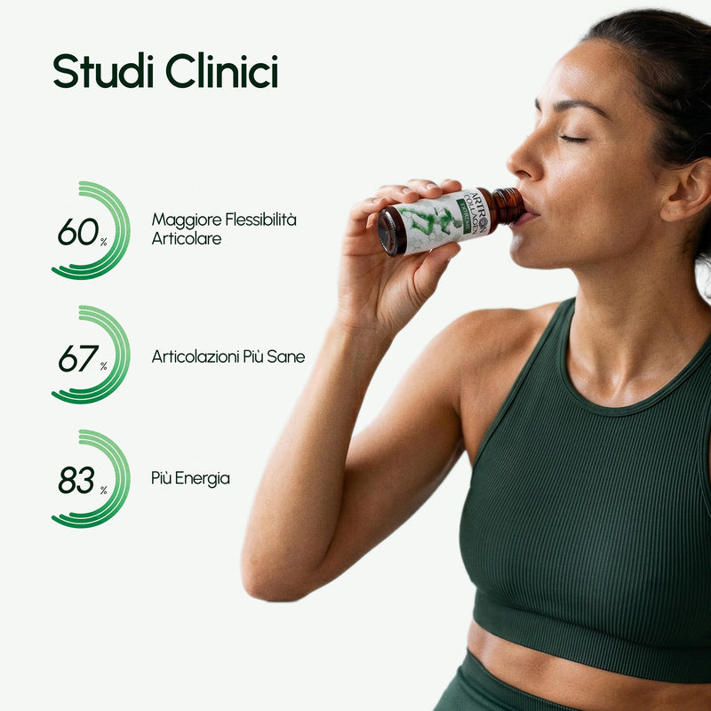 Woman drinking from a bottle with clinical study results displayed on a white background