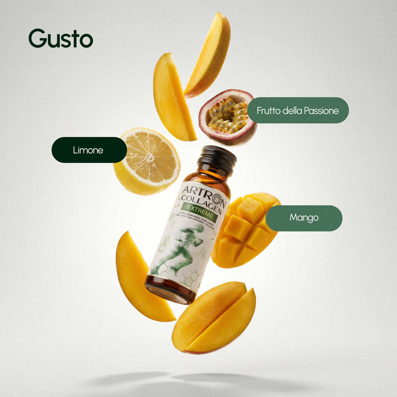 Bottle of Artron Collagen Extreme with mango, lemon, and passion fruit on a white background