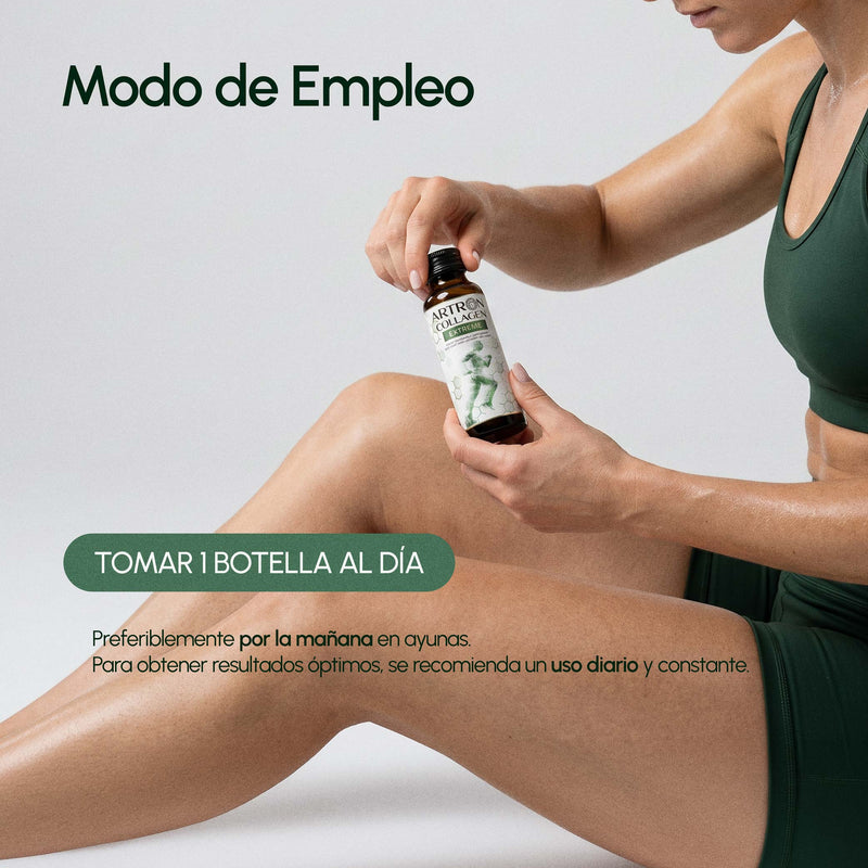 Person applying a bottle to their leg with text about daily usage on a light gray background