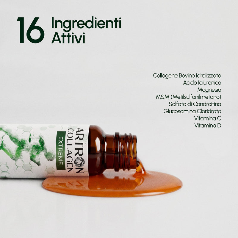 Artiron Collagen Extreme bottle with a droplet of liquid on a white background, featuring ingredient list.