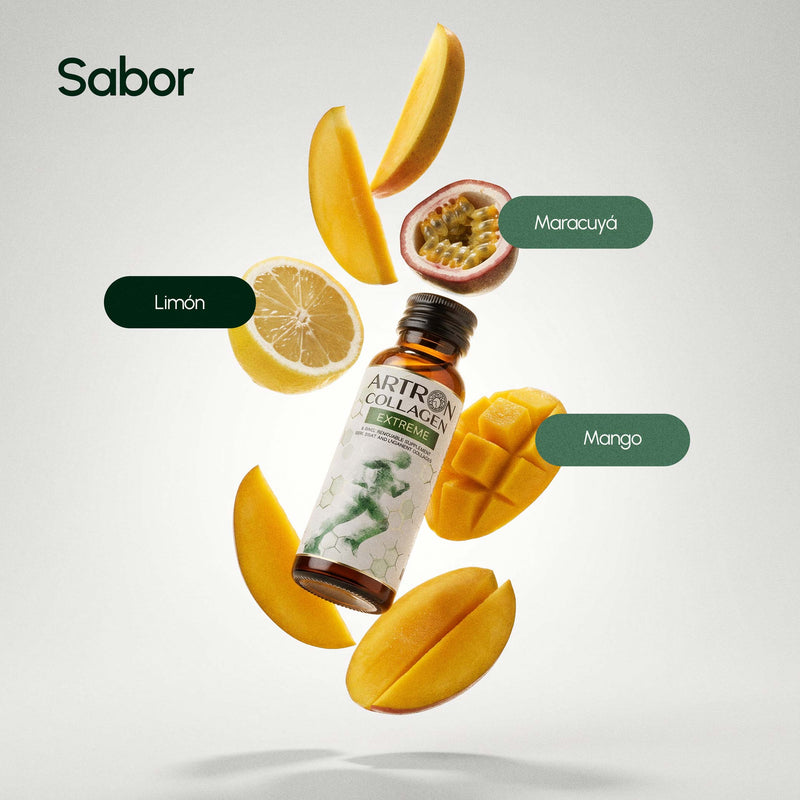 ARTRON COLLAGEN Extreme bottle surrounded by lemon, passion fruit, and mango slices on a light gray background.